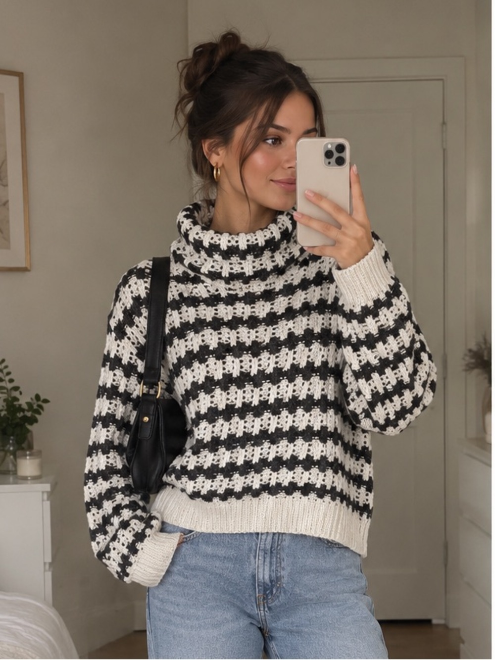 John + Jenn Black and Cream Striped Cowl Neck Sweater
